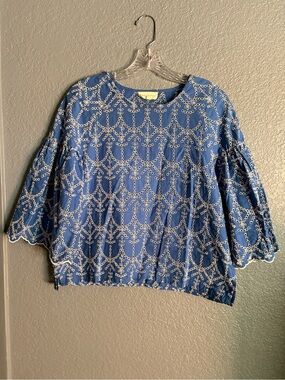 Blue Eyelet Embroidered Women's Top Cotton Bell Sleeve